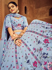 Excellent Sky Blue Thread Embroidered Georgette Wedding Wear Lehenga Choli