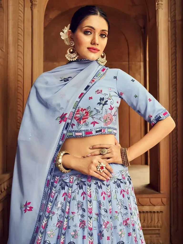 Excellent Sky Blue Thread Embroidered Georgette Wedding Wear Lehenga Choli