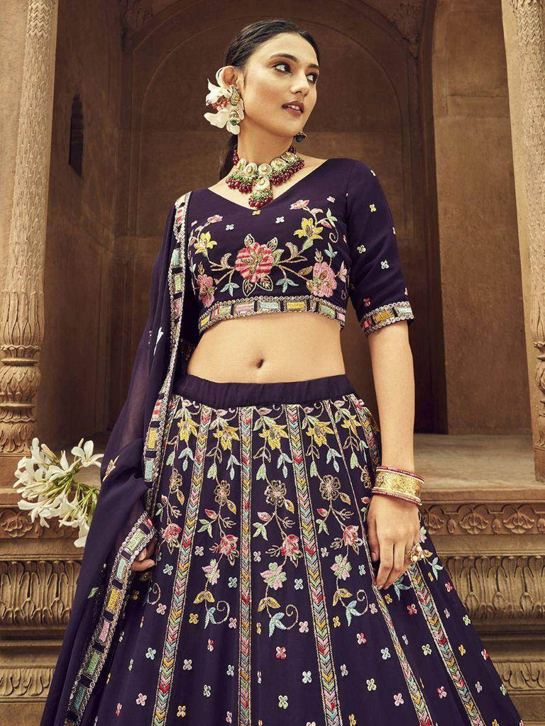 Amazing Purple Thread Embroidered Georgette Wedding Wear Lehenga Choli