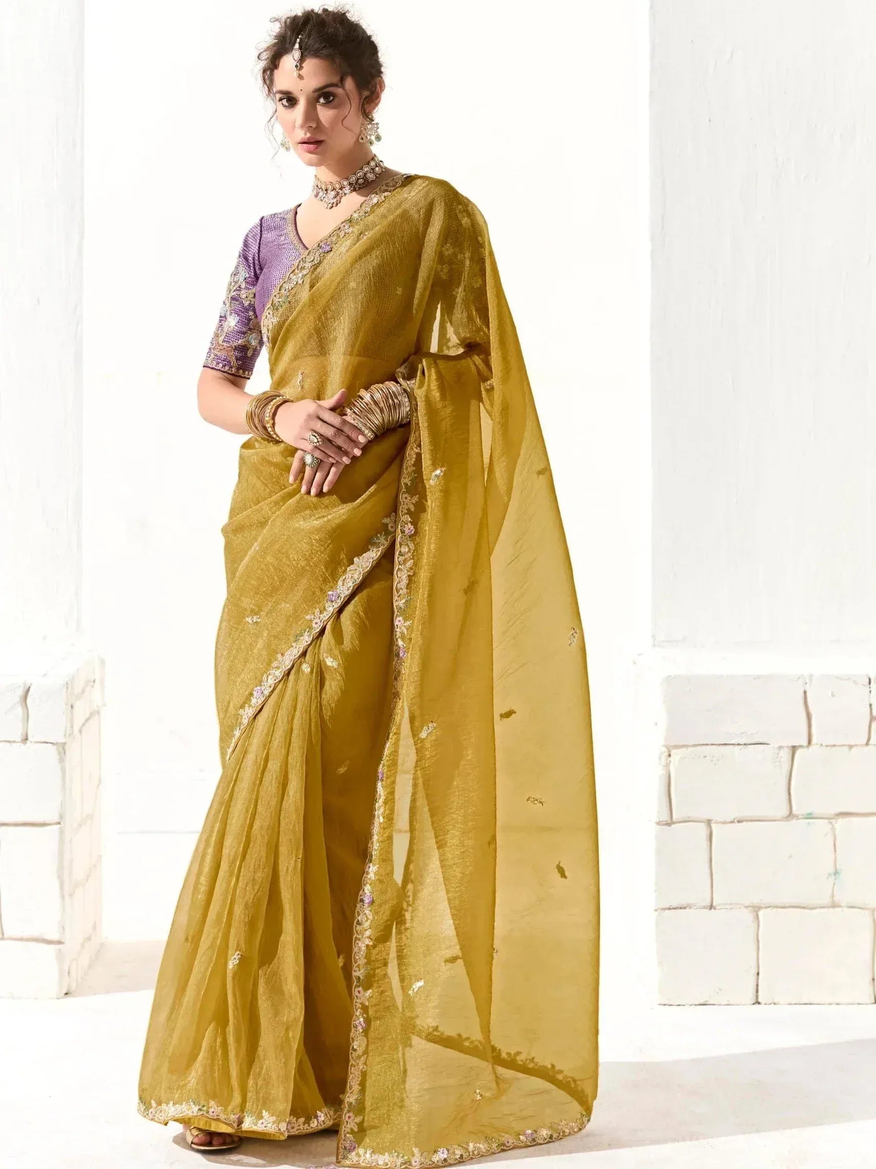 Mustard yellow embroidered saree with purple blouse, ethnic Indian wear for women
