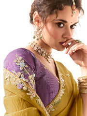 Engaging Mustard Yellow Thread Embroidered Tissue Silk Haldi Wear Saree