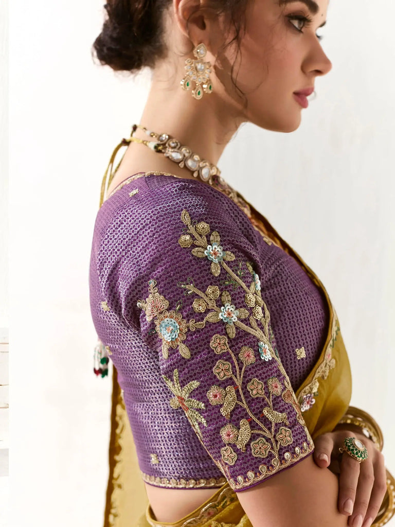 Engaging Mustard Yellow Thread Embroidered Tissue Silk Haldi Wear Saree