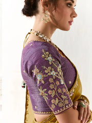 Engaging Mustard Yellow Thread Embroidered Tissue Silk Haldi Wear Saree