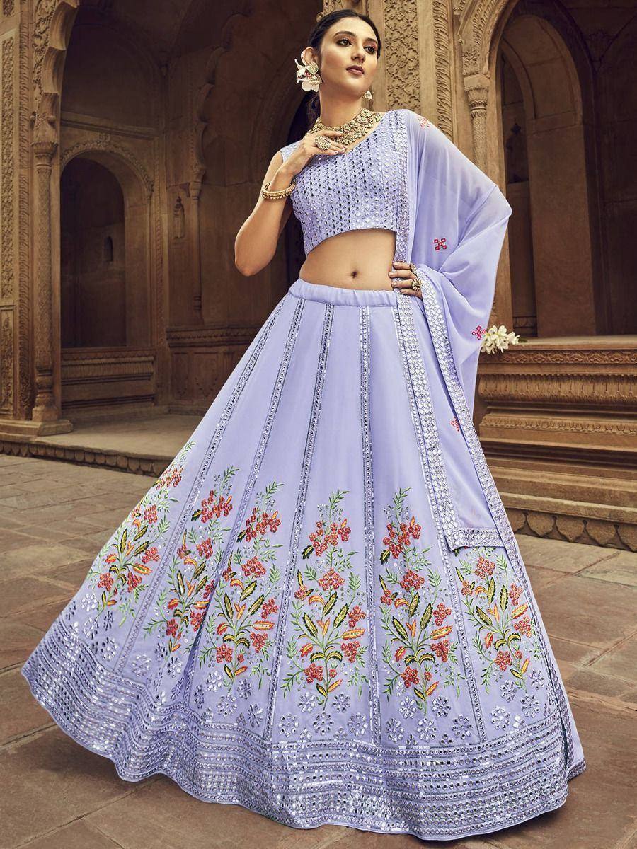 Lavender designer lehenga choli with floral embroidery and mirror work, perfect for Indian ethnic occasions