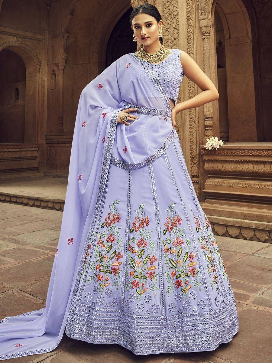 Lavender floral embroidered lehenga choli with mirror work, perfect for Indian ethnic occasions
