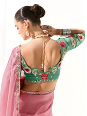 Amazing Light Pink Border Wrok Tissue Silk Engagement Wear Saree