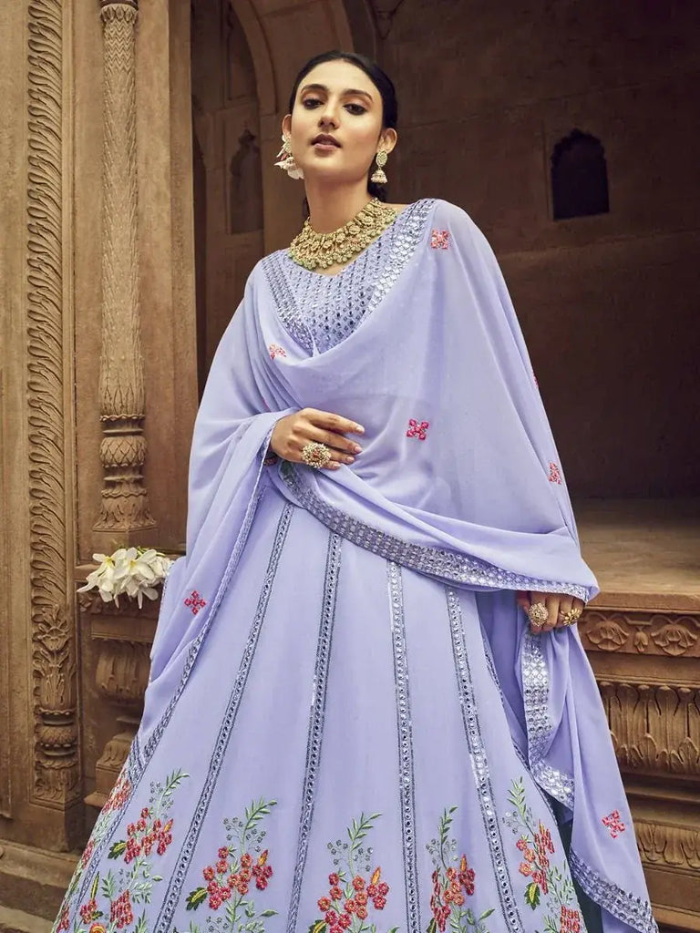 Charming Lavender Foil Mirror Georgette Party Lehenga Choli With Belt