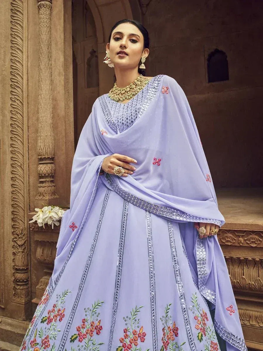 Lavender designer lehenga choli with floral embroidery and silver detailing, perfect for Indian ethnic occasions