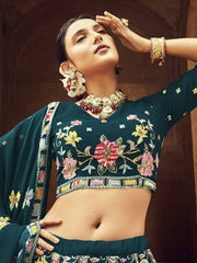Marvelous Teal Blue Foil Mirror reception Georgette Lahenga Choli