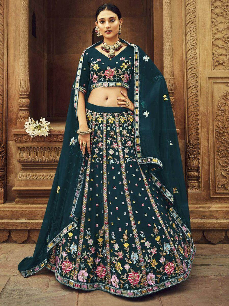 Marvelous Teal Blue Foil Mirror reception Georgette Lahenga Choli