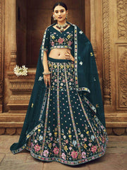 Marvelous Teal Blue Foil Mirror reception Georgette Lahenga Choli