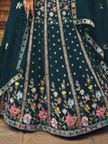 Marvelous Teal Blue Foil Mirror reception Georgette Lahenga Choli