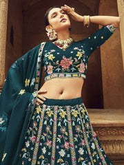 Marvelous Teal Blue Foil Mirror reception Georgette Lahenga Choli