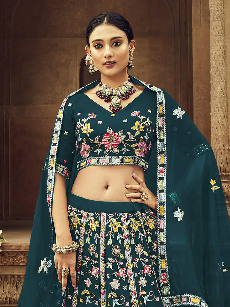 Marvelous Teal Blue Foil Mirror reception Georgette Lahenga Choli