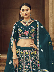 Marvelous Teal Blue Foil Mirror reception Georgette Lahenga Choli