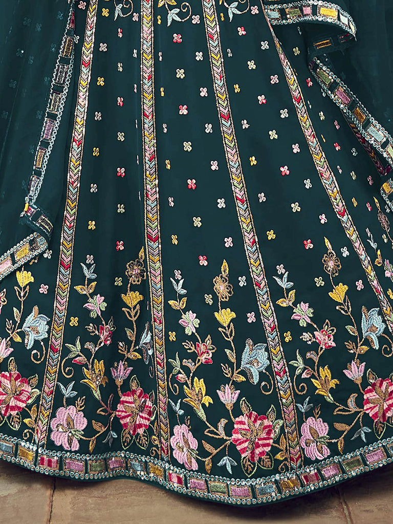 Marvelous Teal Blue Foil Mirror reception Georgette Lahenga Choli