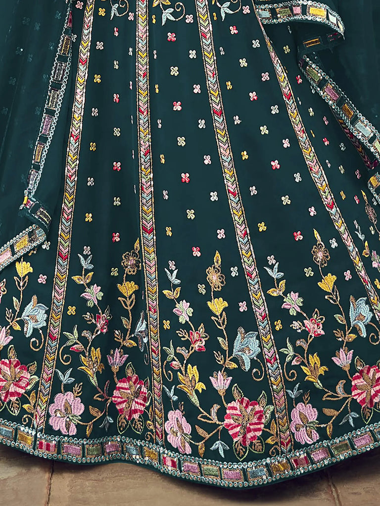 Marvelous Teal Blue Foil Mirror reception Georgette Lahenga Choli