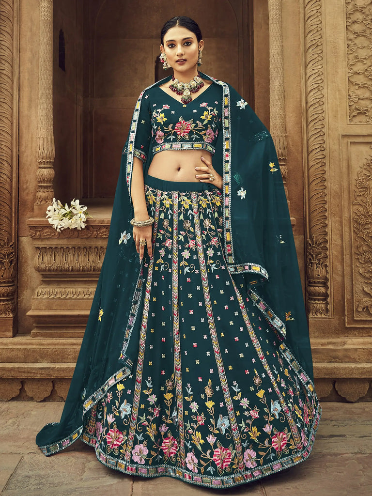 Marvelous Teal Blue Foil Mirror reception Georgette Lahenga Choli