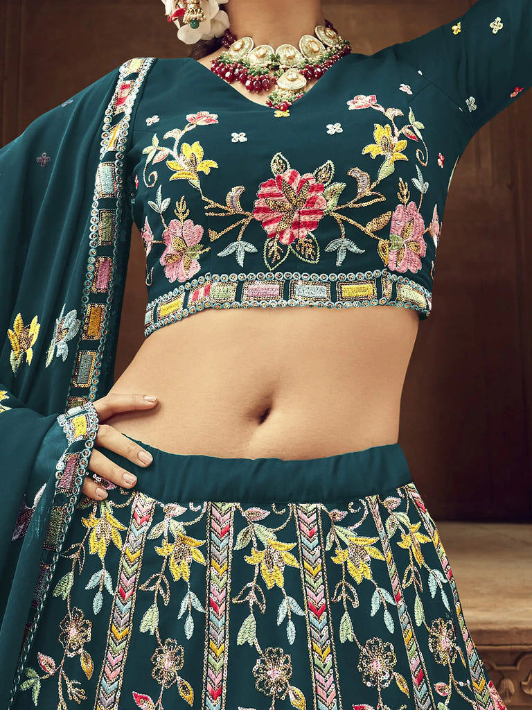 Marvelous Teal Blue Foil Mirror reception Georgette Lahenga Choli