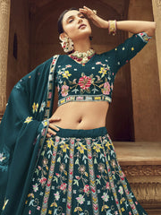 Marvelous Teal Blue Foil Mirror reception Georgette Lahenga Choli