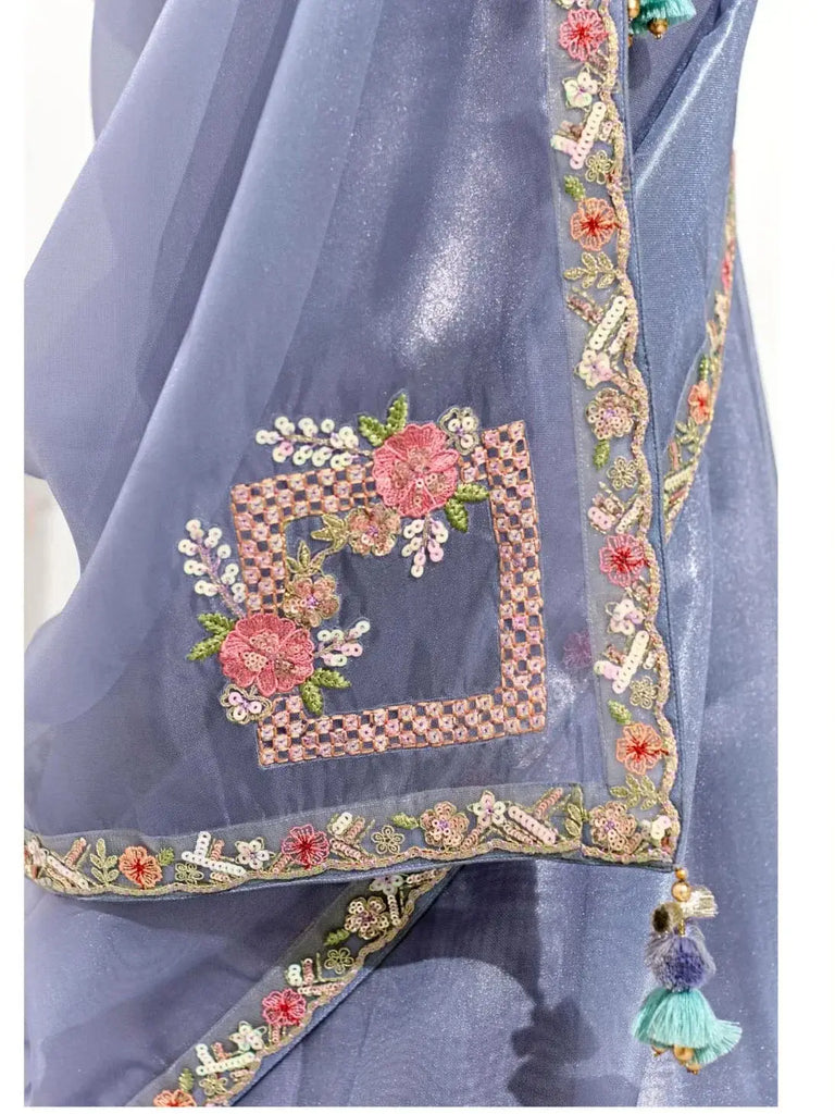 Mesmerizing Dusty Blue Border Work Tissue Silk Engagement Wear Saree