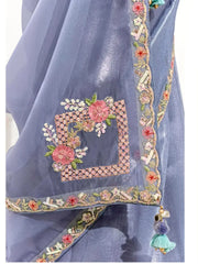 Mesmerizing Dusty Blue Border Work Tissue Silk Engagement Wear Saree