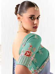Mesmerizing Dusty Blue Border Work Tissue Silk Engagement Wear Saree