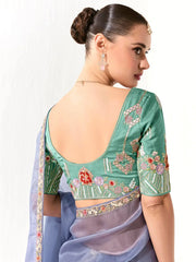 Mesmerizing Dusty Blue Border Work Tissue Silk Engagement Wear Saree