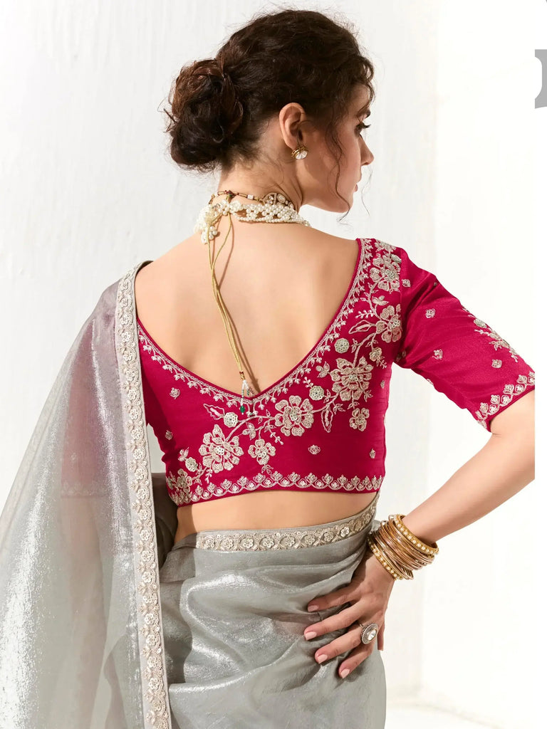 Bewitching Grey Zari Work Tissue Silk Reception Wear Saree