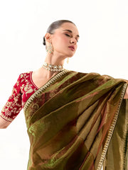 Incredible Olive Green Sequins Tissue Silk Saree With Maroon Blouse