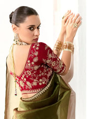 Incredible Olive Green Sequins Tissue Silk Saree With Maroon Blouse