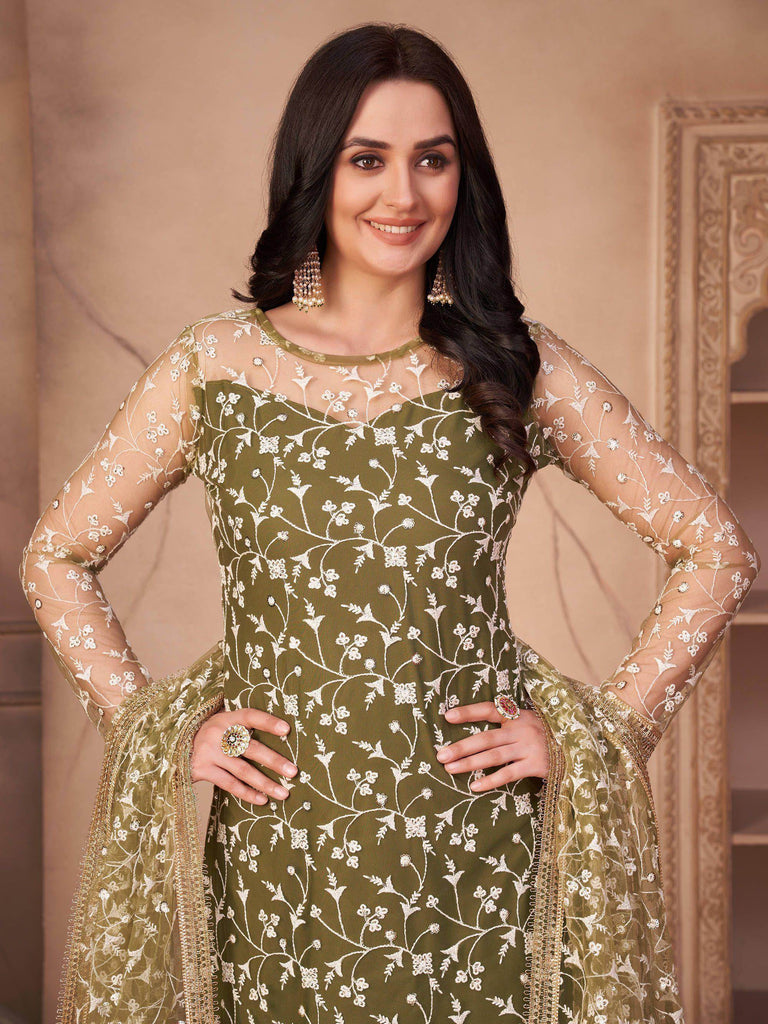 Captivating Green Embroidered Mono Net Festival Wear Pant Salwar Suit