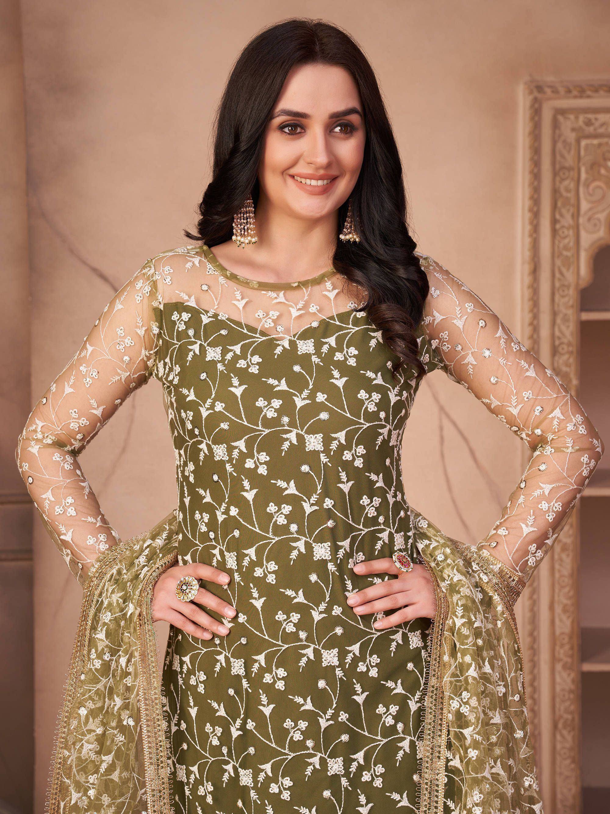 Olive green embroidered salwar kameez with sheer floral sleeves, perfect for Indian ethnic wear occasions.