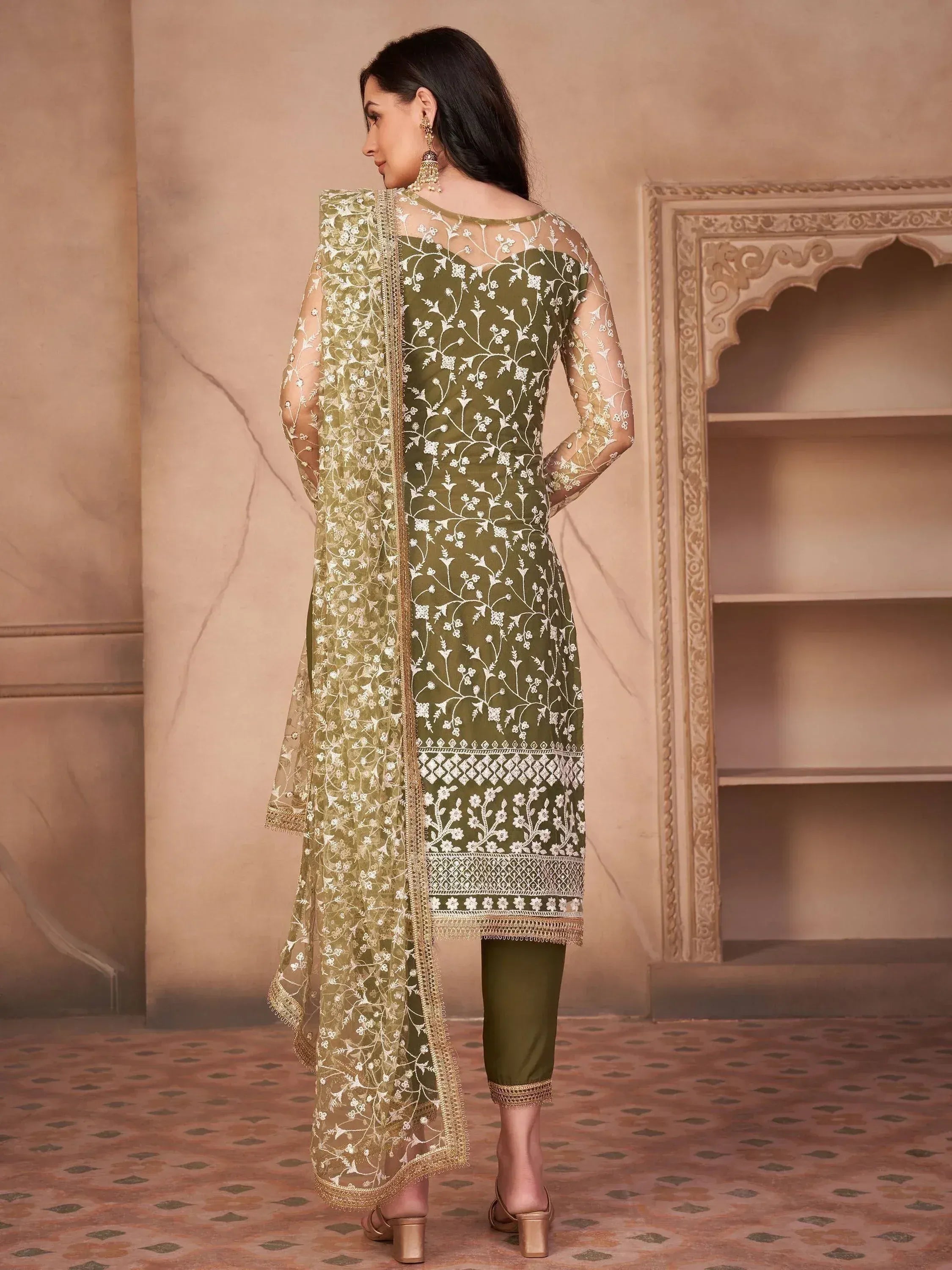 Olive green embroidered salwar kameez with sheer dupatta, floral motifs, and gold trim for Indian ethnic wear