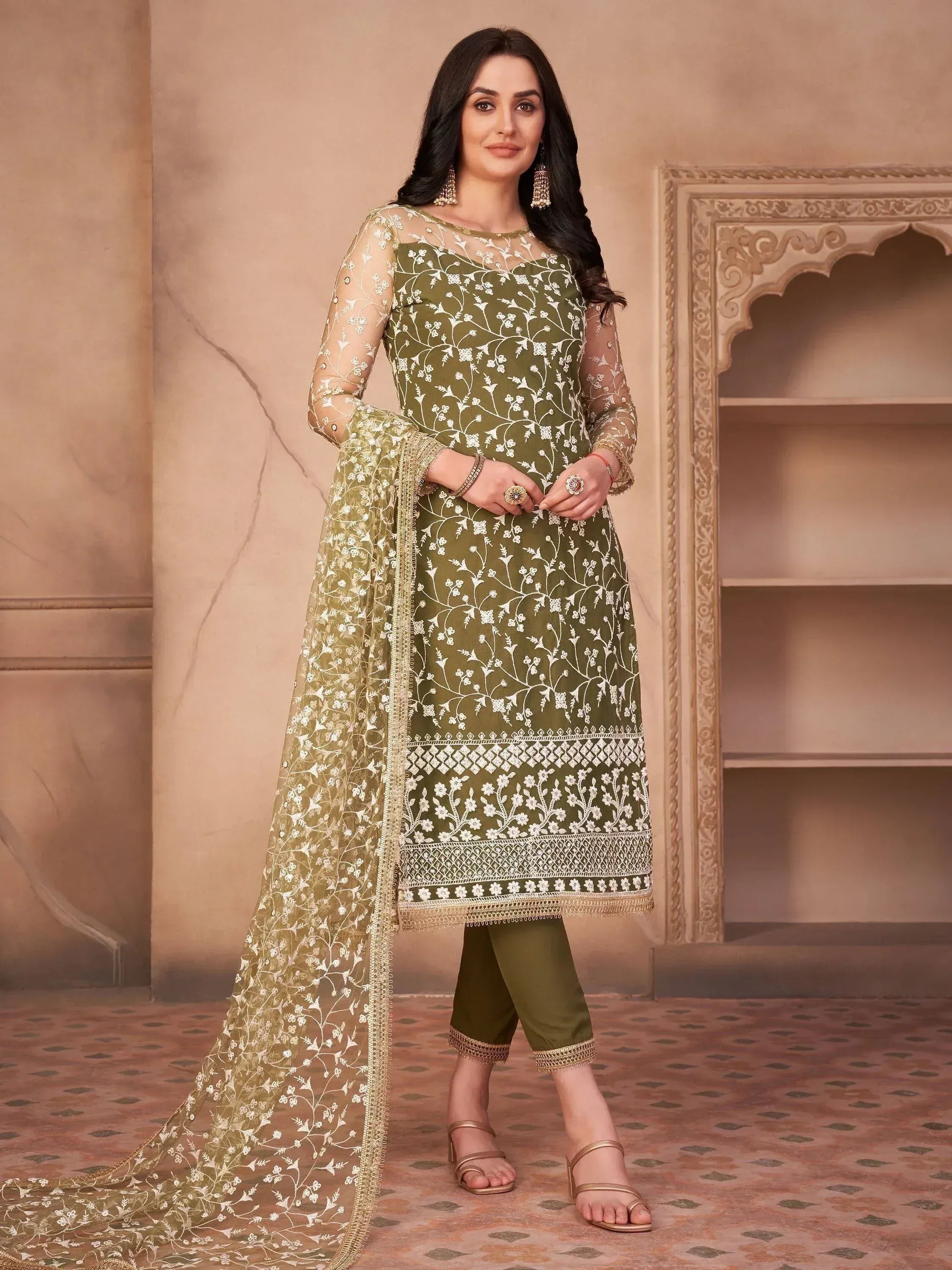 Olive green embroidered salwar kameez with sheer sleeves and floral dupatta, Indian ethnic wear