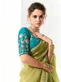 Charming Light Green Thread Work Tissue Silk Mehendi Wear Saree