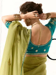 Charming Light Green Thread Work Tissue Silk Mehendi Wear Saree