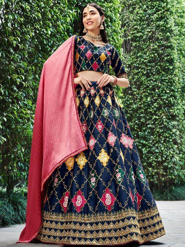 Outstanding Navy Blue Embroidery Silk Bridesmaid Lehenga Choli