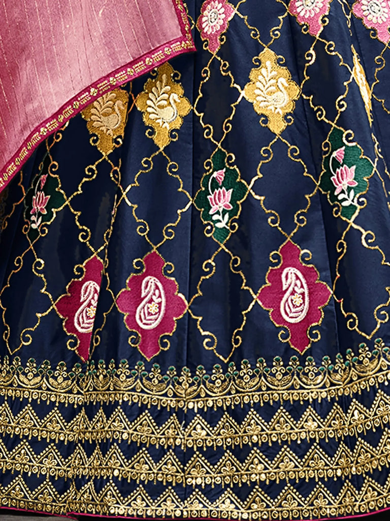 Outstanding Navy Blue Embroidery Silk Bridesmaid Lehenga Choli