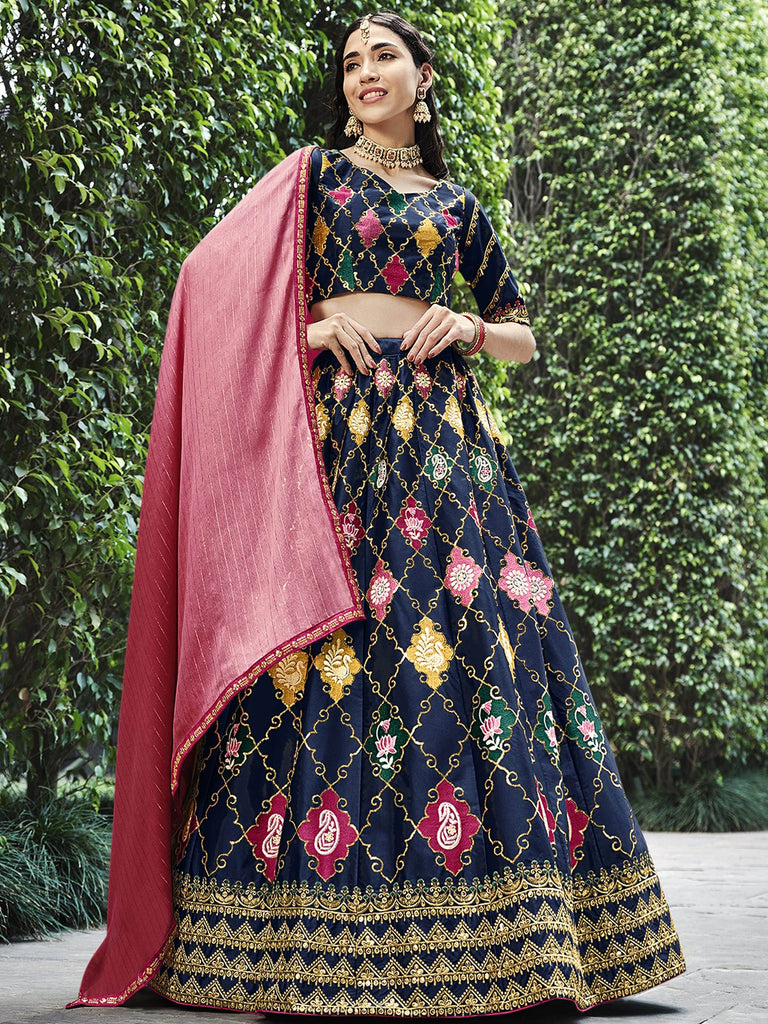 Outstanding Navy Blue Embroidery Silk Bridesmaid Lehenga Choli