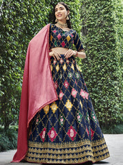 Outstanding Navy Blue Embroidery Silk Bridesmaid Lehenga Choli