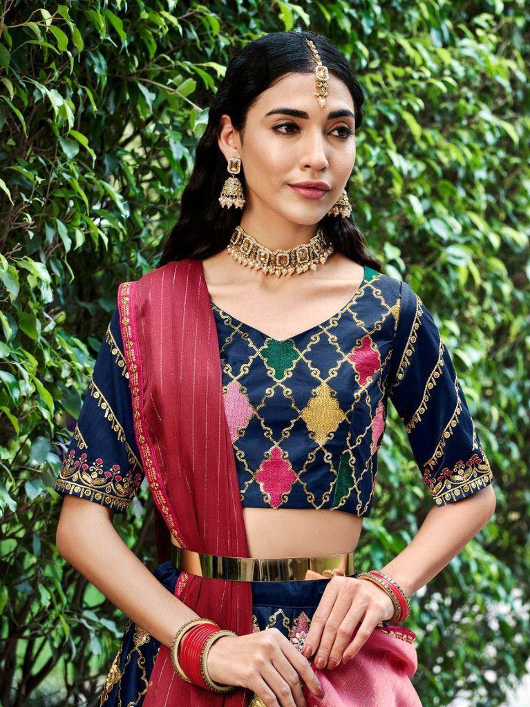Outstanding Navy Blue Embroidery Silk Bridesmaid Lehenga Choli