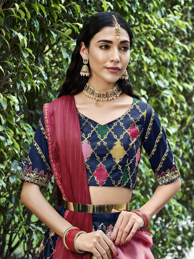 Outstanding Navy Blue Embroidery Silk Bridesmaid Lehenga Choli