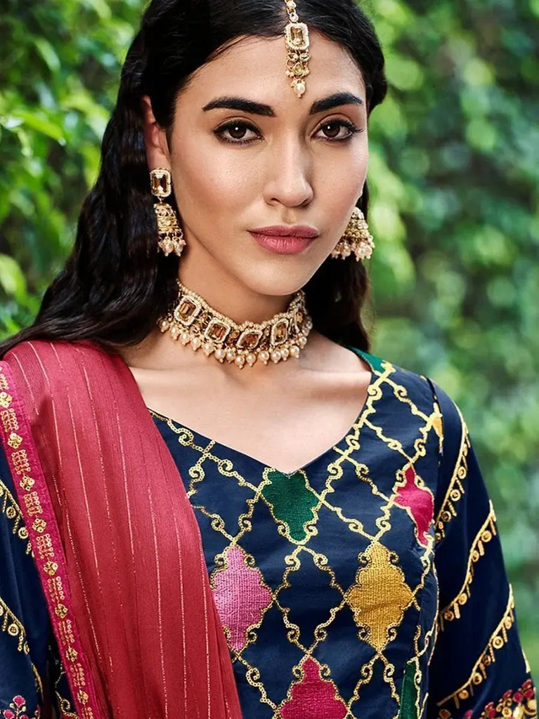 Outstanding Navy Blue Embroidery Silk Bridesmaid Lehenga Choli