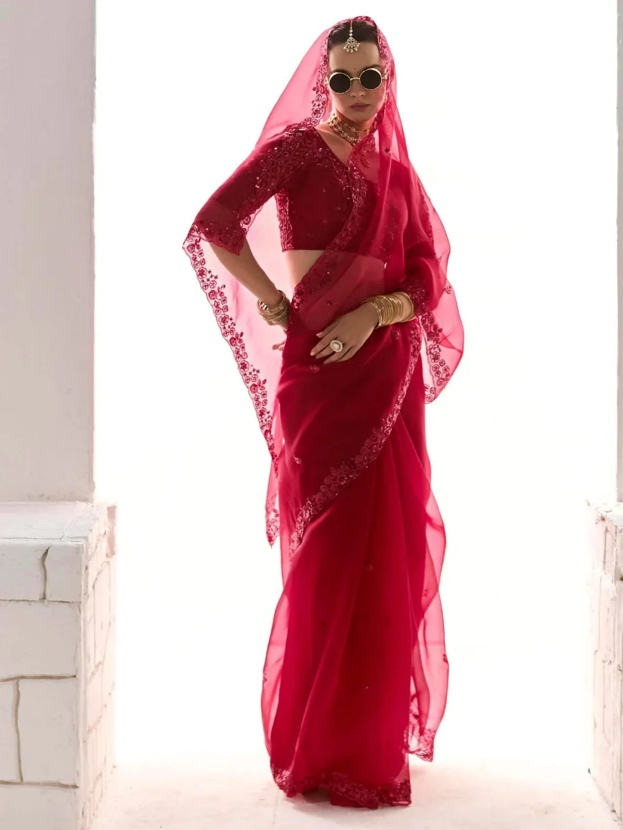 Lovely Red Sequins Work Tissue Silk Bridal Wear Saree With Blouse