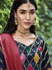 Outstanding Navy Blue Embroidery Silk Bridesmaid Lehenga Choli