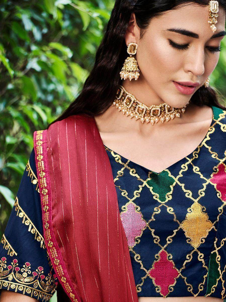 Outstanding Navy Blue Embroidery Silk Bridesmaid Lehenga Choli