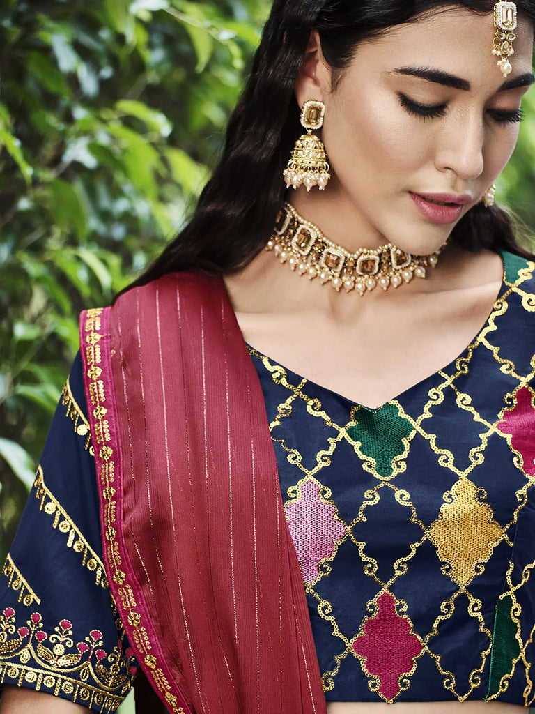 Outstanding Navy Blue Embroidery Silk Bridesmaid Lehenga Choli