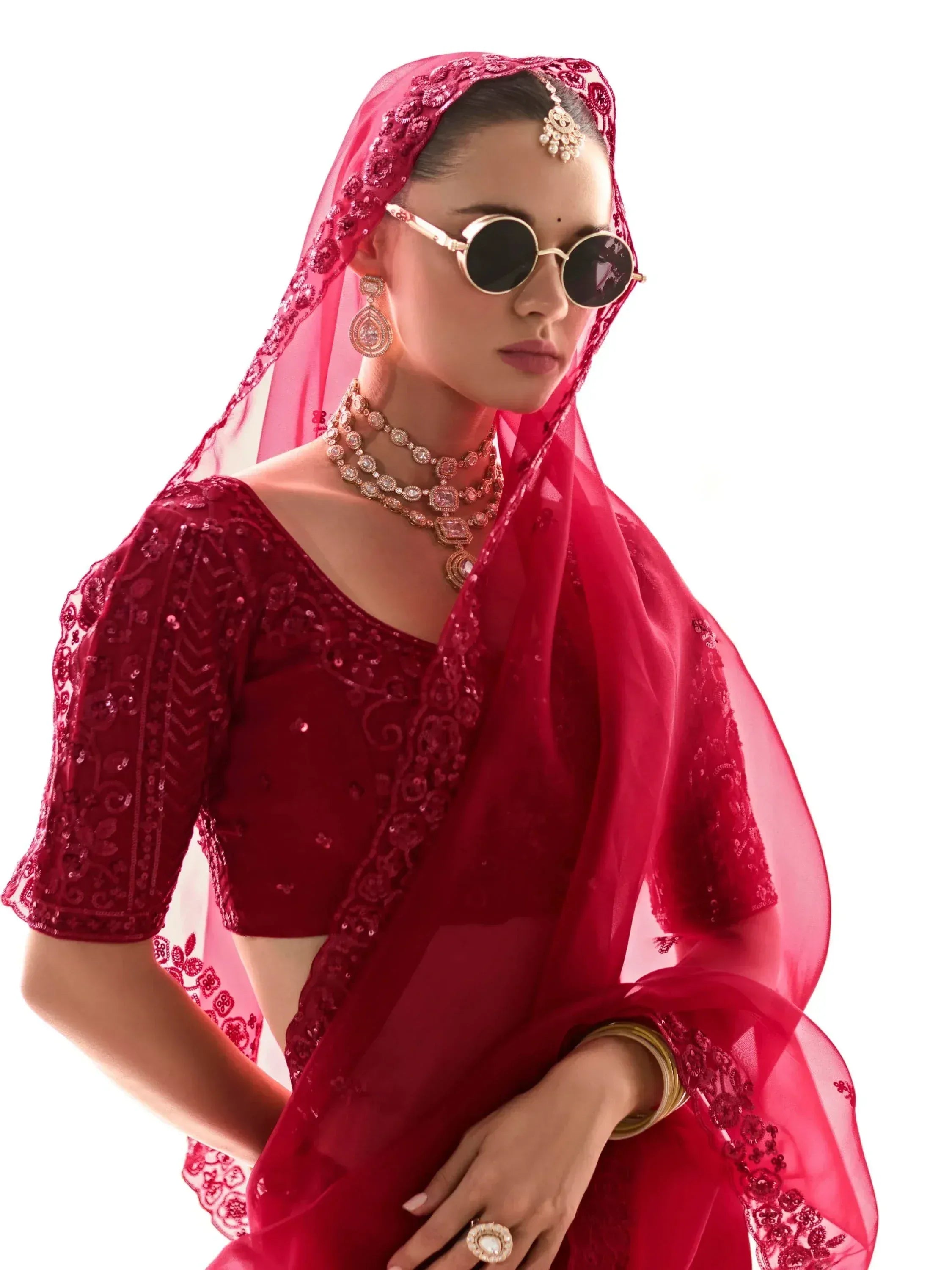 Lovely Red Sequins Work Tissue Silk Bridal Wear Saree With Blouse