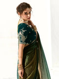 Attractive Teal Green Border Work Tissue Silk Festive Wear Saree